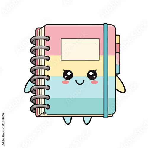 Cute Kawaii Spiral Notebook Character with Pastel Colors and Smiling Face