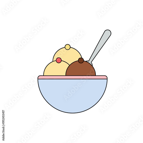 Sweet Ice Cream Sundae in Bowl with Spoon, Minimalist Flat Design
