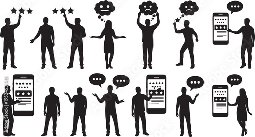 Silhouettes of people communicating with speech bubbles and smartphones