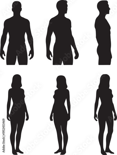 human body anatomy, front, back, side view, vector woman and man illustration