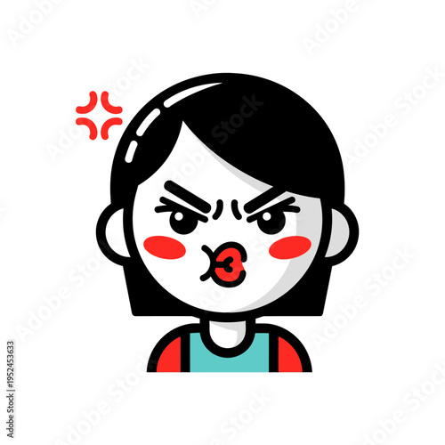 Angry Girl Icon, Frustrated Face with Kissy Lips and Red Cheeks, Cartoon Style