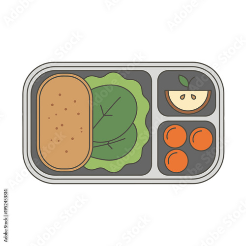 Healthy Lunch Box Flat Design: Sandwich, Salad, Apple Slice, and Berries