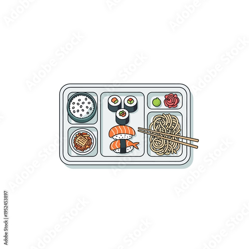 Japanese Bento Box Lunch with Sushi, Noodles, and Rice - Overhead View