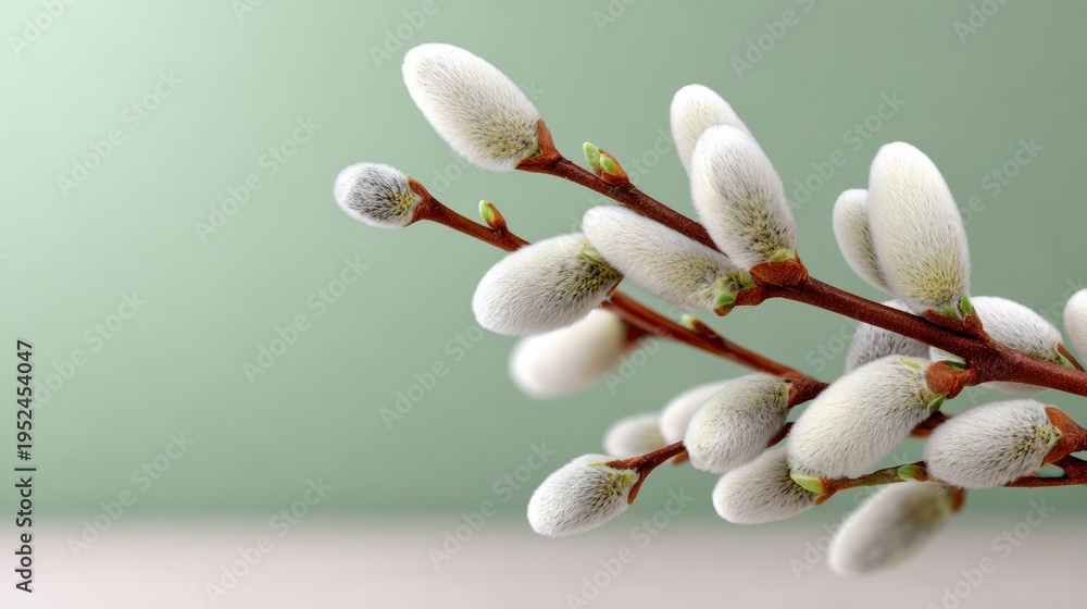 Naklejka premium Soft, fluffy catkins bloom on delicate willow branches. Light green background adds calm, fresh spring atmosphere. Perfect for seasonal designs, wellness themes, or nature backgrounds