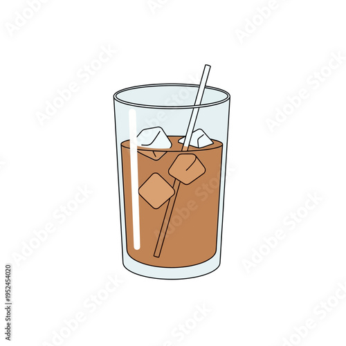 Refreshing Iced Coffee Drink with Ice Cubes and Straw in Tall Glass, Isolated