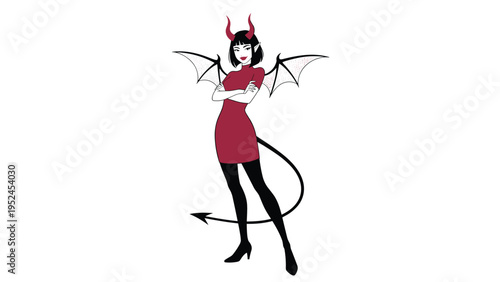 Stylish young woman with devil horns and wings poses confidently in a red dress with a long black spade-tipped tail behind her.