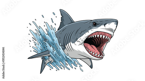 Powerful great white shark breaches the ocean surface with its mouth wide open in a dramatic splash of water and sharp teeth.