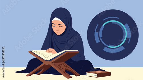 Devout young woman wearing a dark blue hijab sits on the floor while carefully reading the holy Quran placed on a wooden stand.