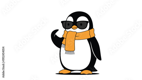 Cool cartoon penguin wearing dark sunglasses and a bright orange scarf stands confidently while waving its flipper.