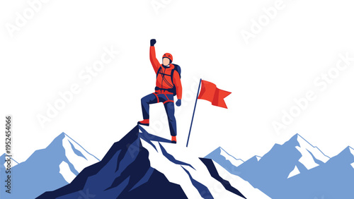 Courageous mountaineer reaches the snowy peak of a high mountain range and raises a fist in triumph next to a red flag.