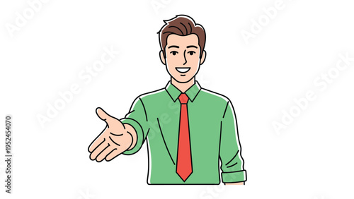 Professional young man in a green shirt and red tie smiles while extending his hand for a friendly business handshake.