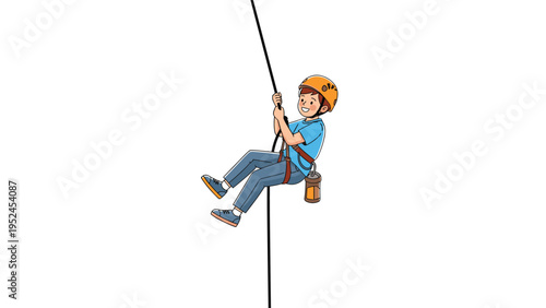 Adventurous boy wearing a safety helmet and harness rappels down a rope while holding a lantern during a climbing trip.
