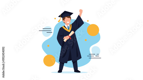 Joyful young graduate wearing a traditional academic gown and cap celebrates by holding his diploma and raising a fist in the air.