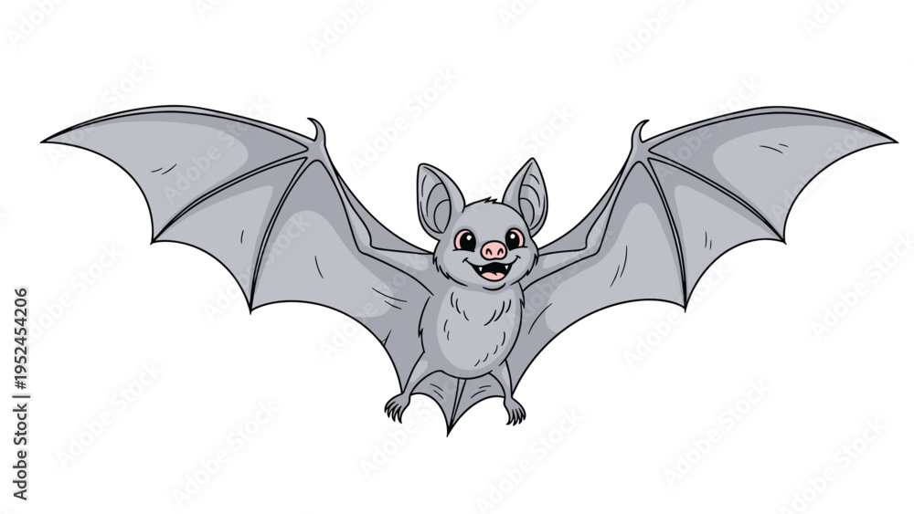 Fototapeta premium Friendly grey bat with large ears and a smiling face flies with its wings wide open against a plain white background.