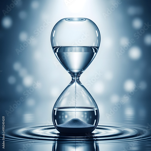 An hourglass with water on a reflective surface with a blue background