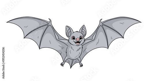 Friendly grey bat with large ears and a smiling face flies with its wings wide open against a plain white background.