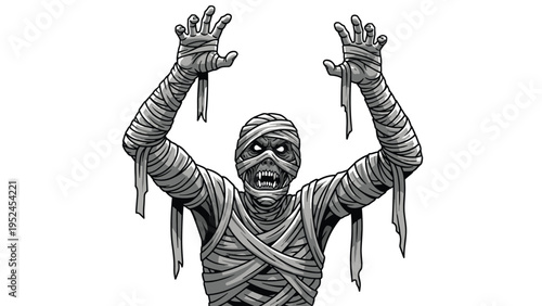 Menacing mummy wrapped in tattered grey bandages reaches out with clawed hands and shows its terrifying face and teeth.