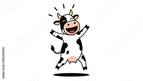 Happy cartoon dairy cow jumping with joy on a white background as a cheerful animal illustration for farm themes.