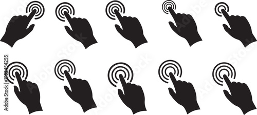 Hands interacting with circular icons in black and white