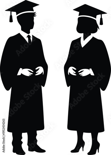 Graduation silhouettes of a man and woman in academic regalia representing education and achievement isolated on white background