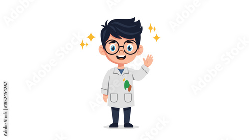 Cheerful young boy dressed in a white lab coat as a scientist or doctor waving his hand with star shapes in the background.