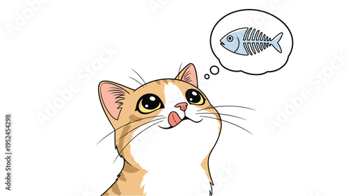 Curious cartoon ginger cat looking up and thinking about a fish skeleton inside a thought bubble on a white background.