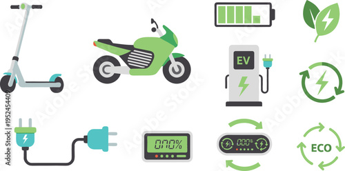 Electric Mobility Icon Set Vector Collection Featuring Scooter, Electric Bike, Battery, Charging Plug, and Eco Energy Symbols for Green Transport Design
