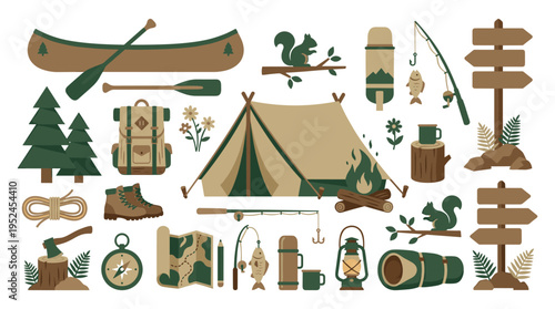 Camping and Hiking Equipment Set with Outdoor Adventure Icons