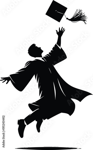 Graduation cap toss silhouette celebrating academic achievement jumping for joy in a gown isolated on white background
