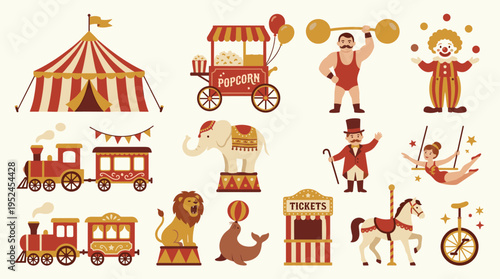 Circus Carnival Elements Set with Performers and Attractions