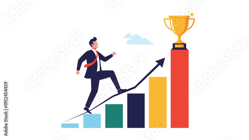 Ambitious businessman in a suit running up a growing bar chart toward a golden trophy cup as a symbol of career success.
