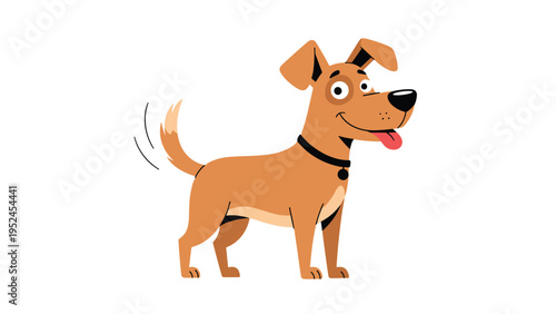 Happy brown dog standing and wagging its tail with its tongue sticking out in a friendly and playful animal pose.