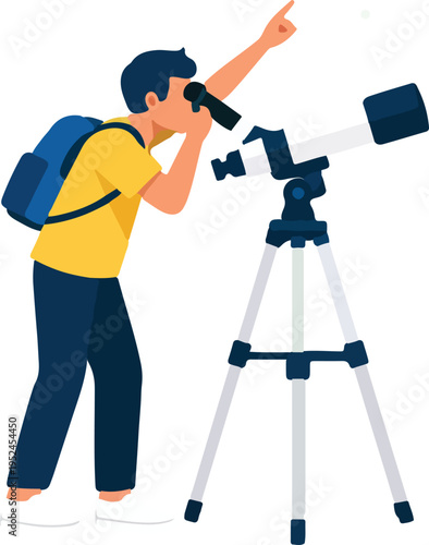 Amateur Astronomer Using Telescope Full Body Illustration featuring Stargazer with Tripod Mounted Refractor for Astronomy, Science Education, and Night Sky Exploration Design