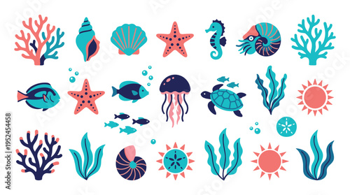 Set of cute sea life icons with fish shells and coral elements