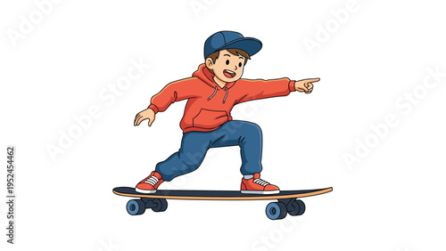 Cool young boy in a red hoodie and cap riding a skateboard while pointing forward with an adventurous expression.