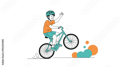 Active boy wearing a helmet and riding a bicycle while performing a wheelie and waving his hand against a white backdrop.