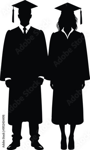 Silhouettes of male and female graduates in academic gowns and caps representing education and achievement isolated on white background