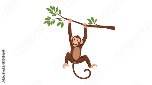 Playful brown monkey hanging from a leafy tree branch with one hand while smiling in a tropical jungle environment.