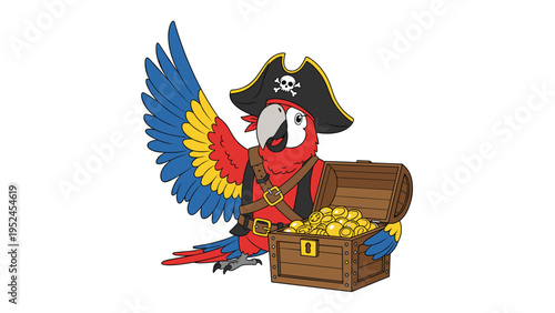 Colorful pirate parrot wearing a captain hat and standing next to an open treasure chest filled with gold coins.