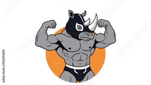 Muscular rhinoceros wrestler mascot flexing its biceps and wearing a black mask and trunks for a combat sports theme.