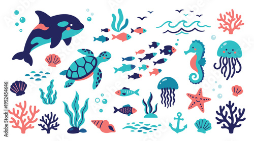 Cute Sea Life Elements Set Featuring Whales Turtles Fish And Coral Reef Decor