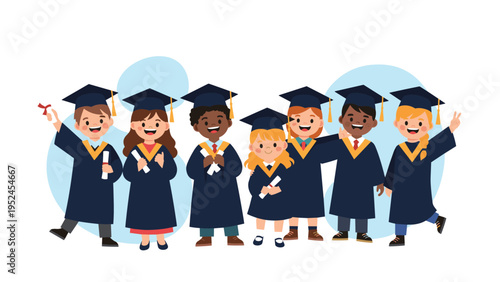 Group of diverse children in graduation gowns and caps standing together and celebrating their school completion day.