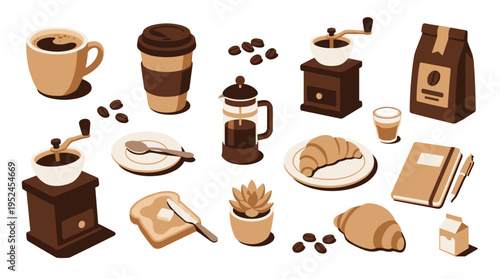 Coffee Time Elements Set with Breakfast Pastries and Brewing Equipment