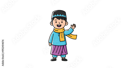 Happy boy wearing traditional Muslim attire including a songkok and sarong while waving his hand in a friendly way.