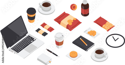 Freelancer Workspace Vector Illustration with Laptop, Coffee Cups, Snacks, Notebook, Clock, and Office Supplies for Remote Work and Productivity Design