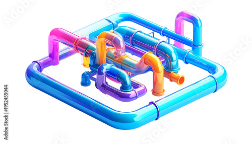 Colorful Isometric Pipes and Plumbing System in a Geometric Layout Against Black