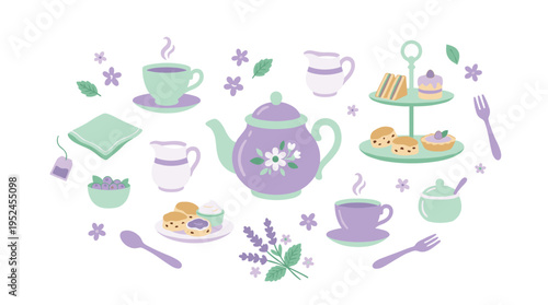 Afternoon Tea Party Set with Teapot Cups and Pastries