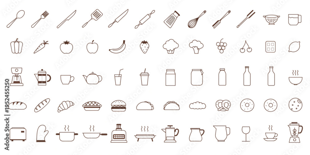 Fototapeta premium A collection of kitchen utensils and food icons are shown in a illustrations.