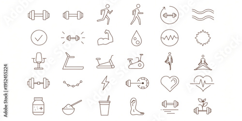 Fitness icons depict various exercise and health symbols on a white background