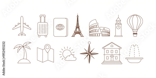 Travel icons illustrate various vacation elements and landmarks worldwide.